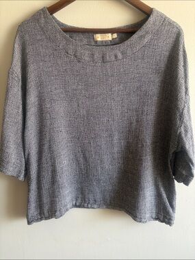 Paradise Shores Gray Linen Blend Boxy Top XL Boat Neck Short Sleeve